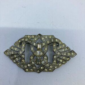 Vtg 1940 art deco pewter rhinestone silver tone brooch